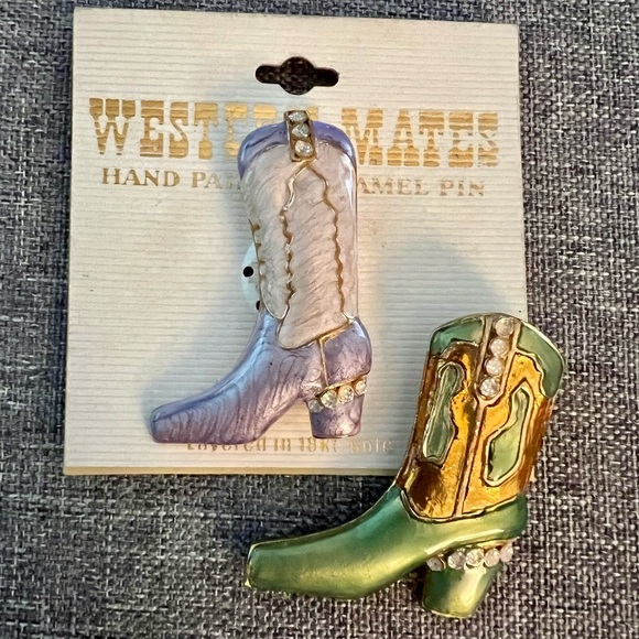 Lot of 2 Enamel Cowboy Boot Brooches Pins Layered 18k Gold Coastal Cowgirl - Picture 1 of 6